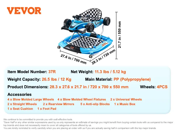 VEVOR 4-in-1 baby walker with adjustable seat, 4 wheels, music box, anti-slip blocks, and rearview mirrors.