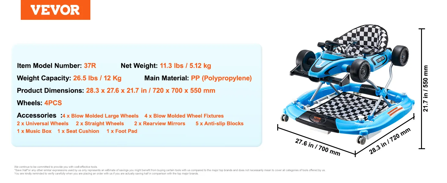 VEVOR 4-in-1 baby walker with adjustable seat, 4 wheels, music box, anti-slip blocks, and rearview mirrors.