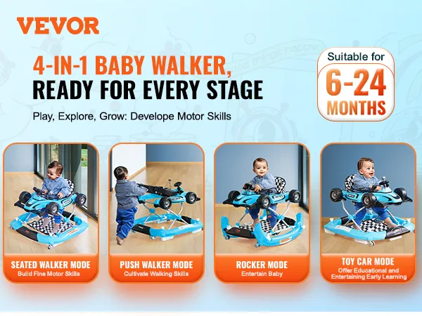 VEVOR 4-in-1 baby walker for ages 6-24 months, featuring seated, push, rocker, and toy car modes.