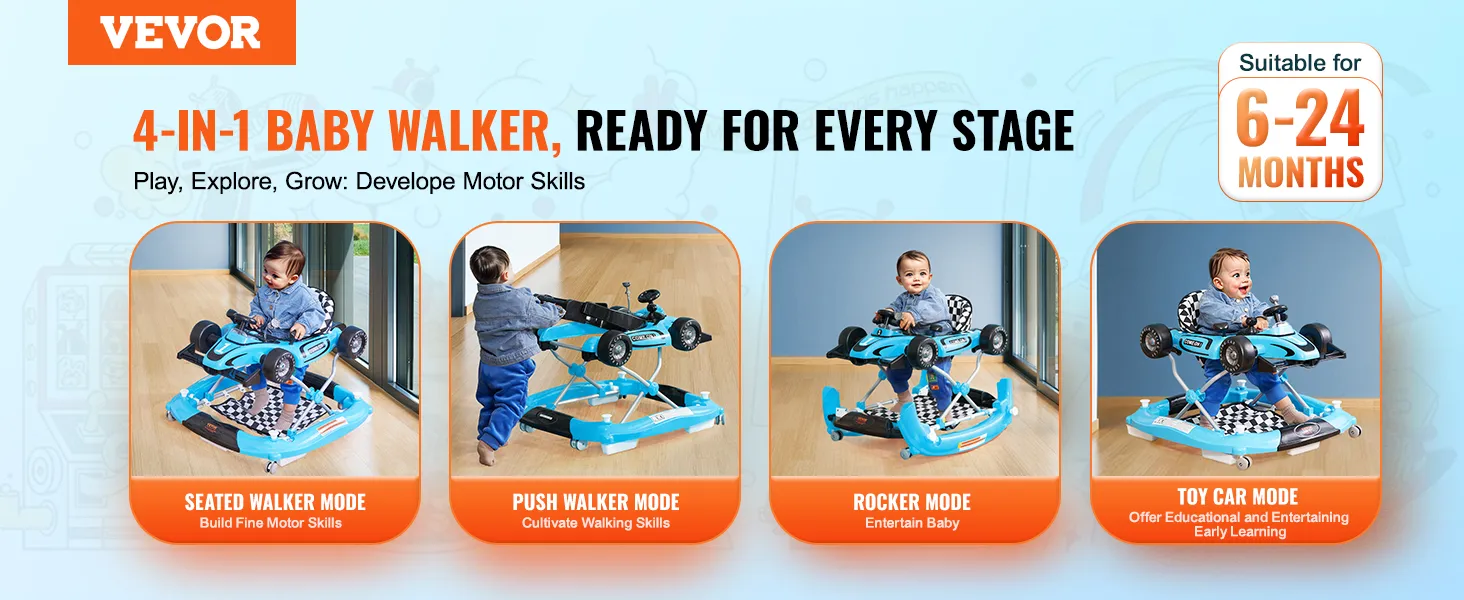 VEVOR 4-in-1 baby walker for ages 6-24 months, featuring seated, push, rocker, and toy car modes.