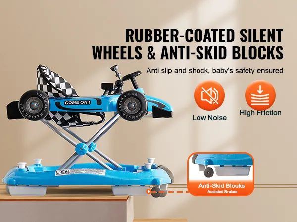 VEVOR 4-in-1 baby walker with rubber-coated silent wheels, anti-skid blocks, low noise, and high friction.