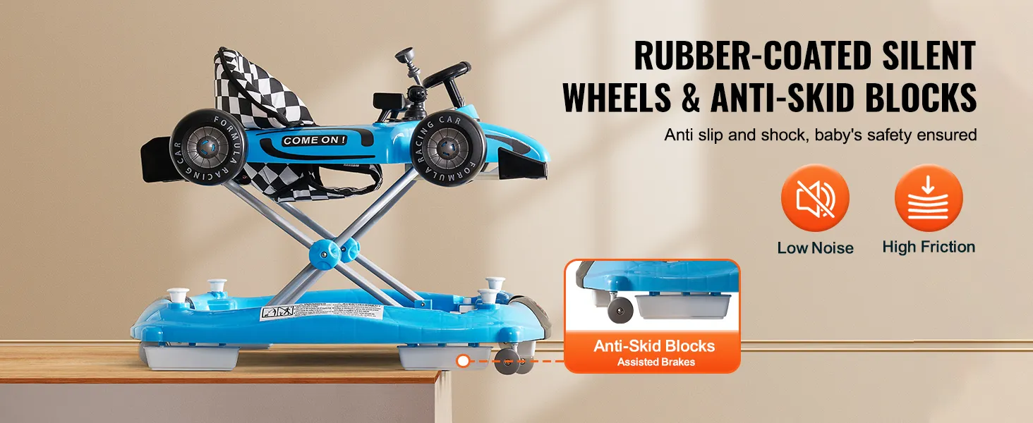 VEVOR 4-in-1 baby walker with rubber-coated silent wheels, anti-skid blocks, low noise, and high friction.