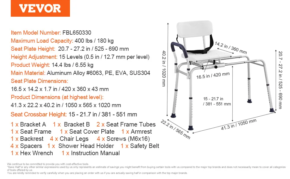 VEVOR sliding tub transfer bench with seat height adjustment, backrest, safety belt, and sturdy frame.