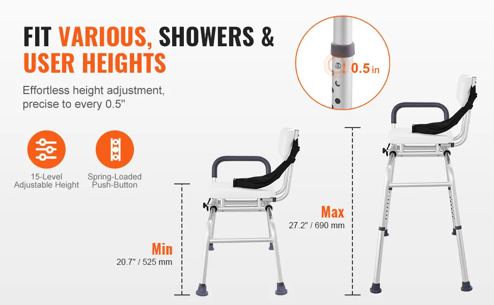 VEVOR sliding tub transfer bench with adjustable height options from 20.7" to 27.2", featuring 0.5" increments.