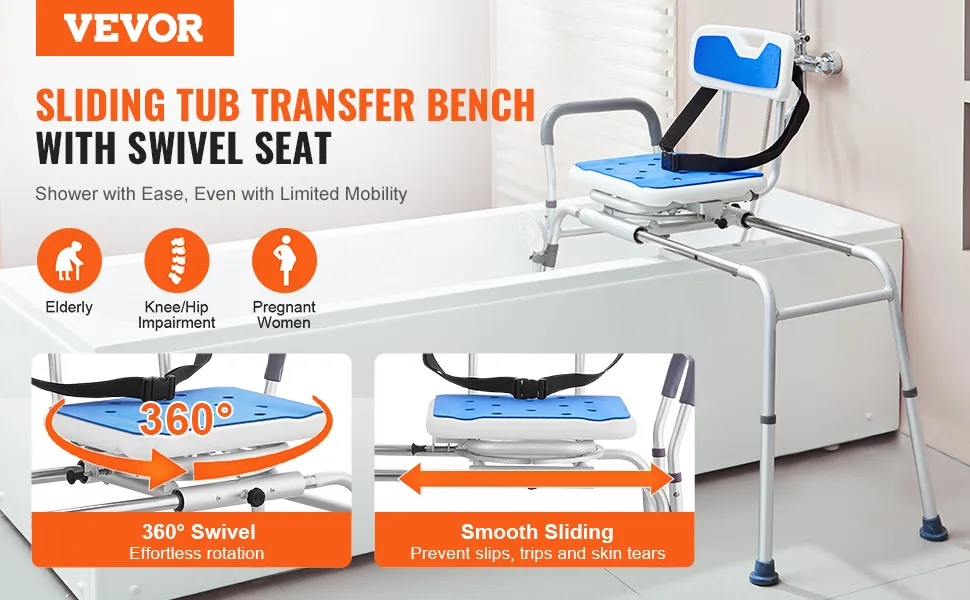 VEVOR sliding tub transfer bench with swivel seat, smooth sliding, and 360-degree rotation for easy use.