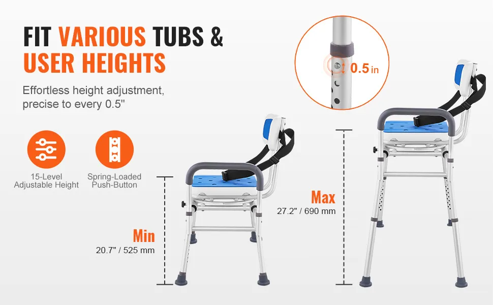 VEVOR sliding tub transfer bench with 15-level adjustable height and push-button adjustments for various tubs.