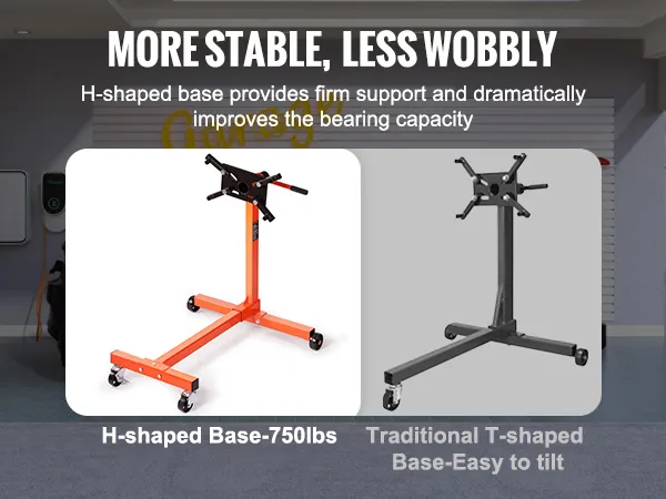 VEVOR engine stand comparison: orange h-shaped base for better stability vs traditional t-shaped stand.