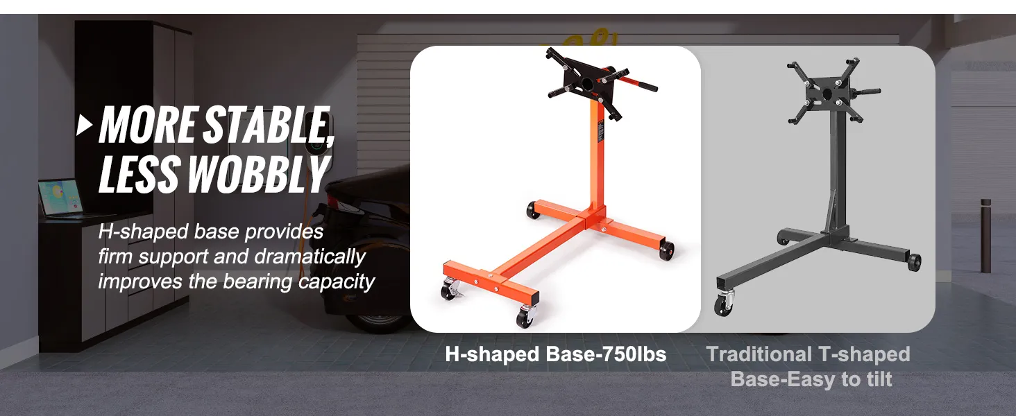 VEVOR engine stand comparison: orange h-shaped base for better stability vs traditional t-shaped stand.