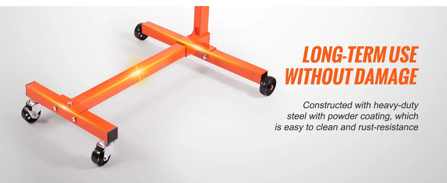 orange VEVOR engine stand with caster wheels, heavy-duty steel, and powder coating for durability.