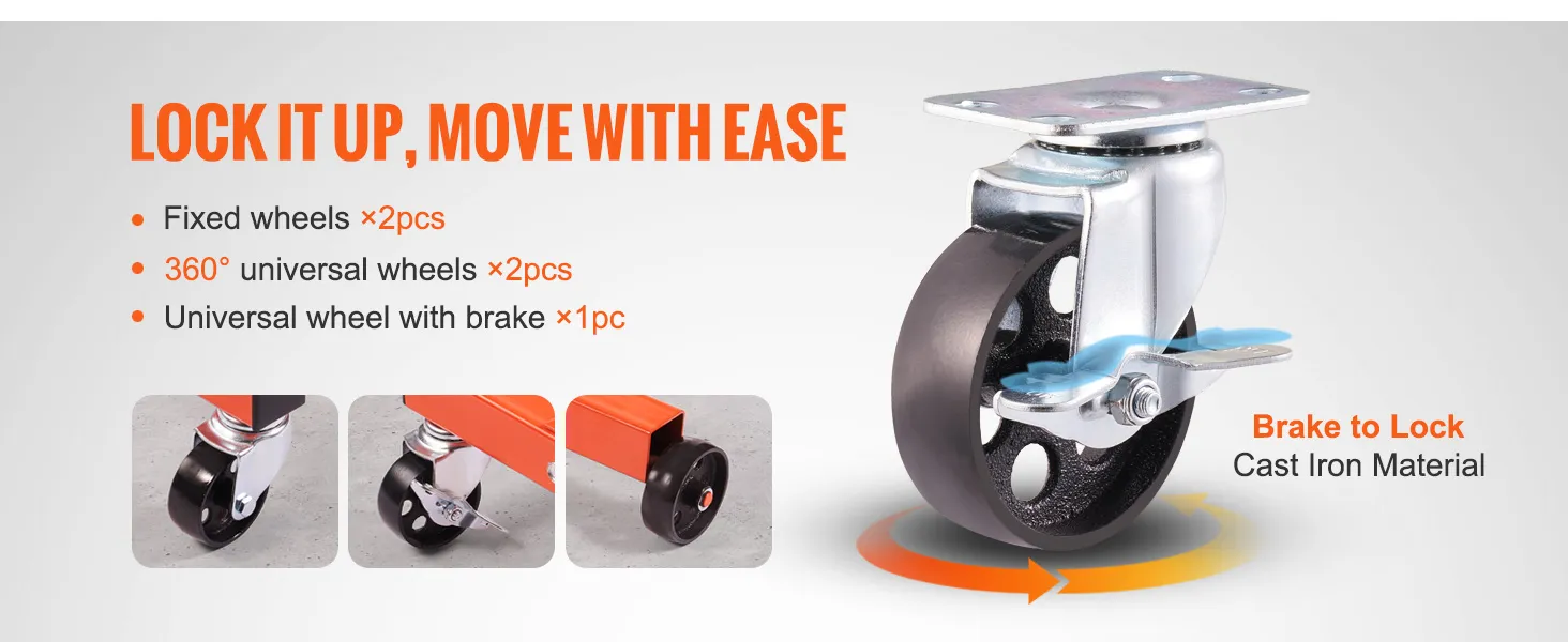 lockable cast iron wheel of VEVOR engine stand with fixed, universal and brake options.