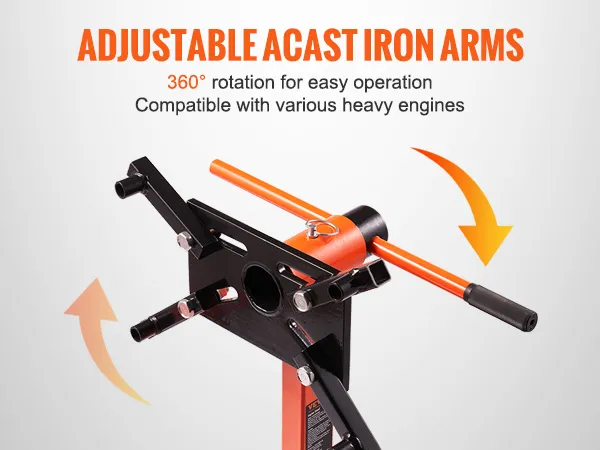 adjustable cast iron arms on VEVOR engine stand with 360° rotation for heavy engines.