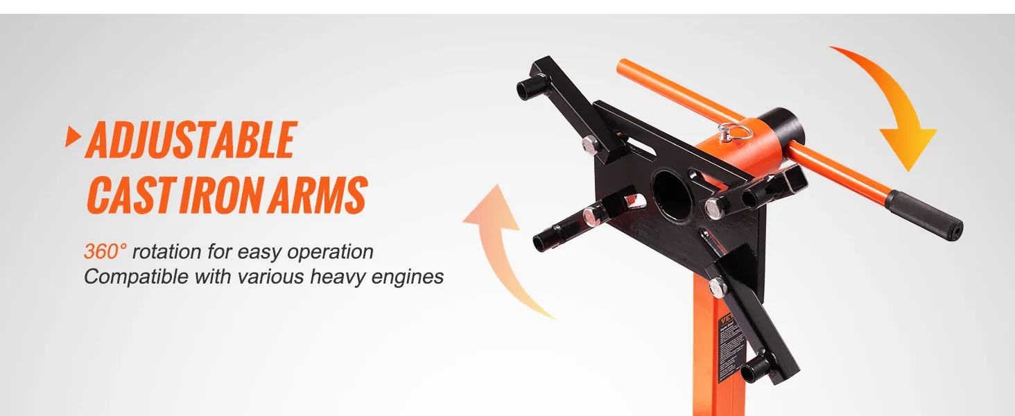 adjustable cast iron arms on VEVOR engine stand with 360° rotation for heavy engines.