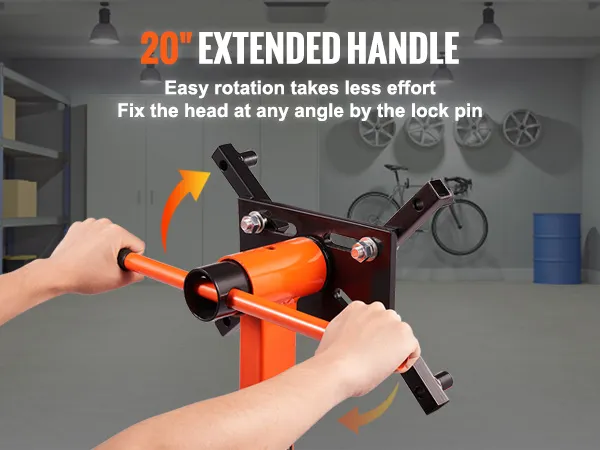 hands using a VEVOR engine stand with a 20" extended handle for easy rotation in a workshop.