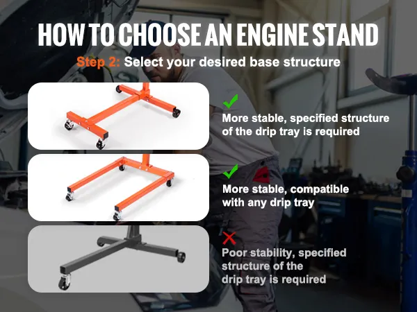 how to choose a VEVOR engine stand base structure, highlighting different support types and stability tips.