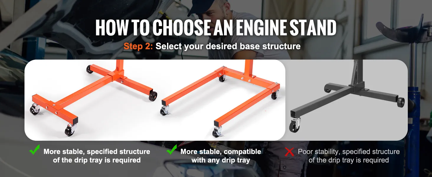 how to choose a VEVOR engine stand base structure, highlighting different support types and stability tips.
