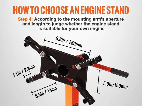 how to choose a VEVOR engine stand: dimensions of mounting arm's aperture and length detailed.