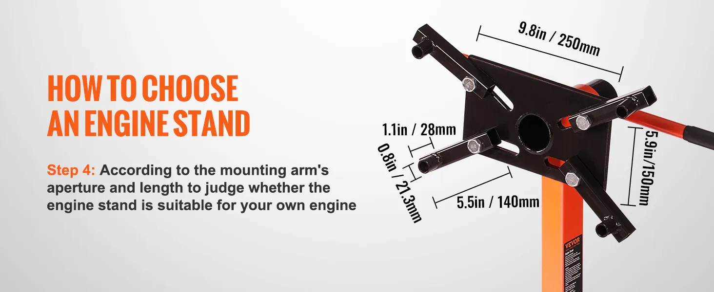 how to choose a VEVOR engine stand: dimensions of mounting arm's aperture and length detailed.