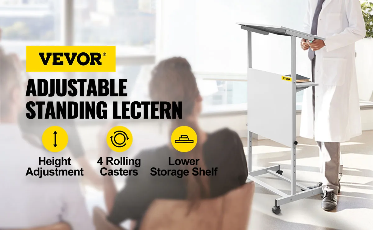 VEVOR stand up lectern with height adjustment, rolling casters, and storage shelf.
