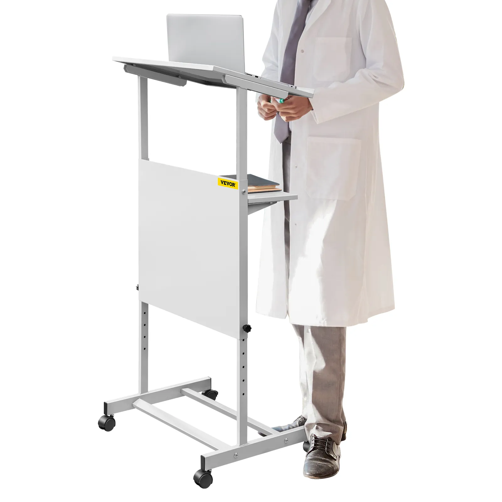 person in white coat using VEVOR stand up lectern with adjustable height and laptop.