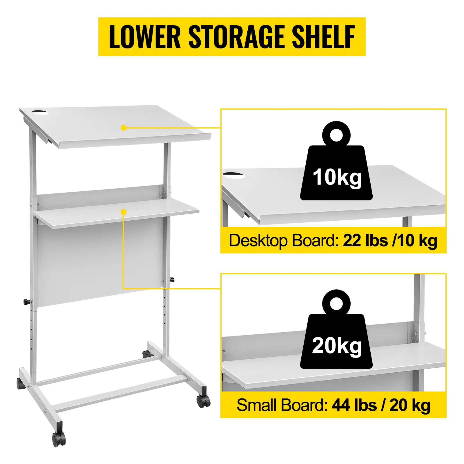 VEVOR stand up lectern with lower storage shelf, 22 lbs desktop, and 44 lbs small board.