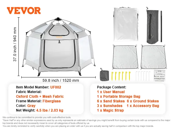 VEVOR Baby-Laufstall, grau, Maße 159,8 x 94 cm, inkl. Aufbewahrungstasche, Heringen, Sonnenschutz und Handbuch.