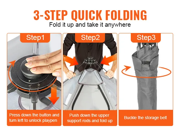 3-Schritt-Schnellfaltanleitung für das VEVOR-Babylaufgitter: Entriegeln, Zusammenklappen und Aufbewahrungsgurt anschnallen.