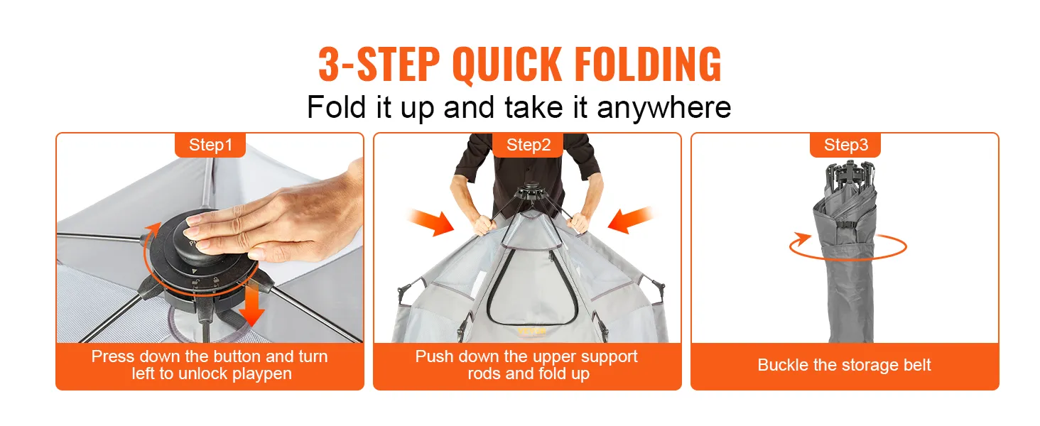 3-Schritt-Schnellfaltanleitung für das VEVOR-Babylaufgitter: Entriegeln, Zusammenklappen und Aufbewahrungsgurt anschnallen.