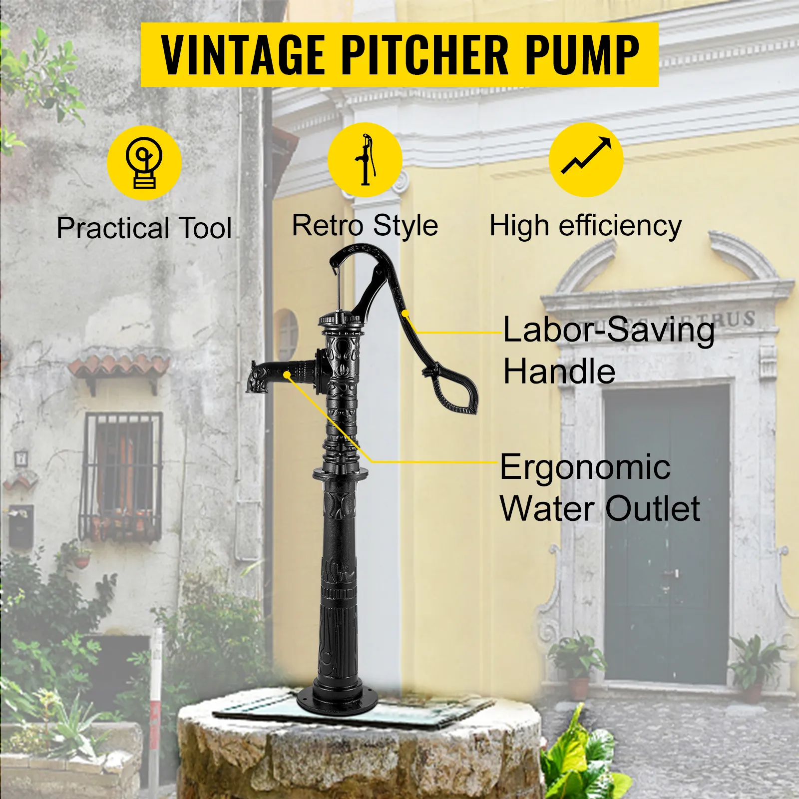 Bomba de agua manual VEVOR con mango que ahorra mano de obra y salida de agua ergonómica, estilo retro.
