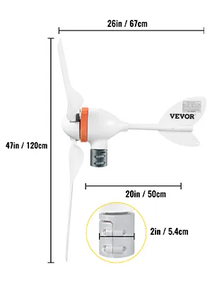 Generador de turbina eólica VEVOR con dimensiones y primer plano de la pieza de 2 pulgadas/5,4 cm.