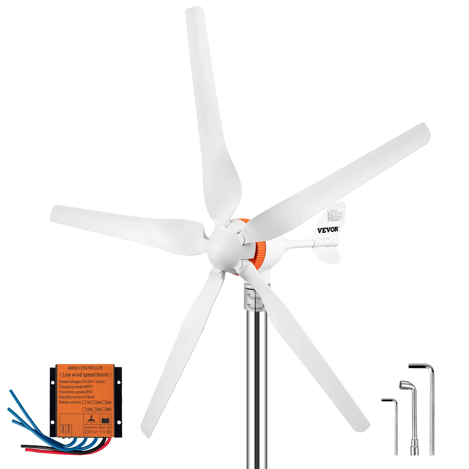 Generador de turbina eólica VEVOR con palas blancas, buje naranja, controlador y herramientas de montaje.