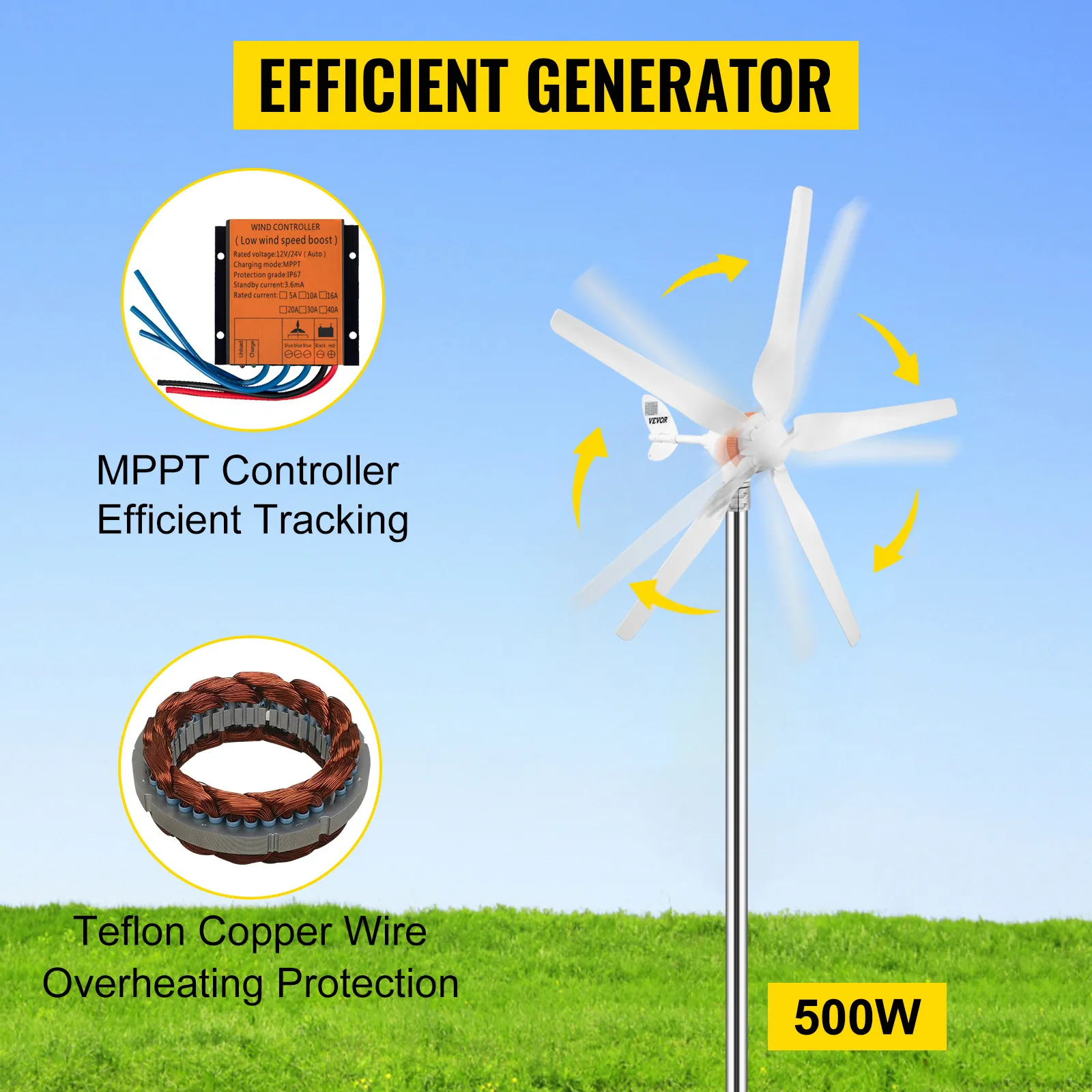 Generador eólico VEVOR, con controlador mppt y protección de cable de cobre teflón.