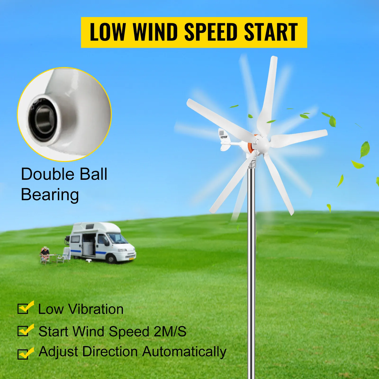 Generador de turbina eólica VEVOR con arranque a baja velocidad del viento, doble rodamiento de bolas.
