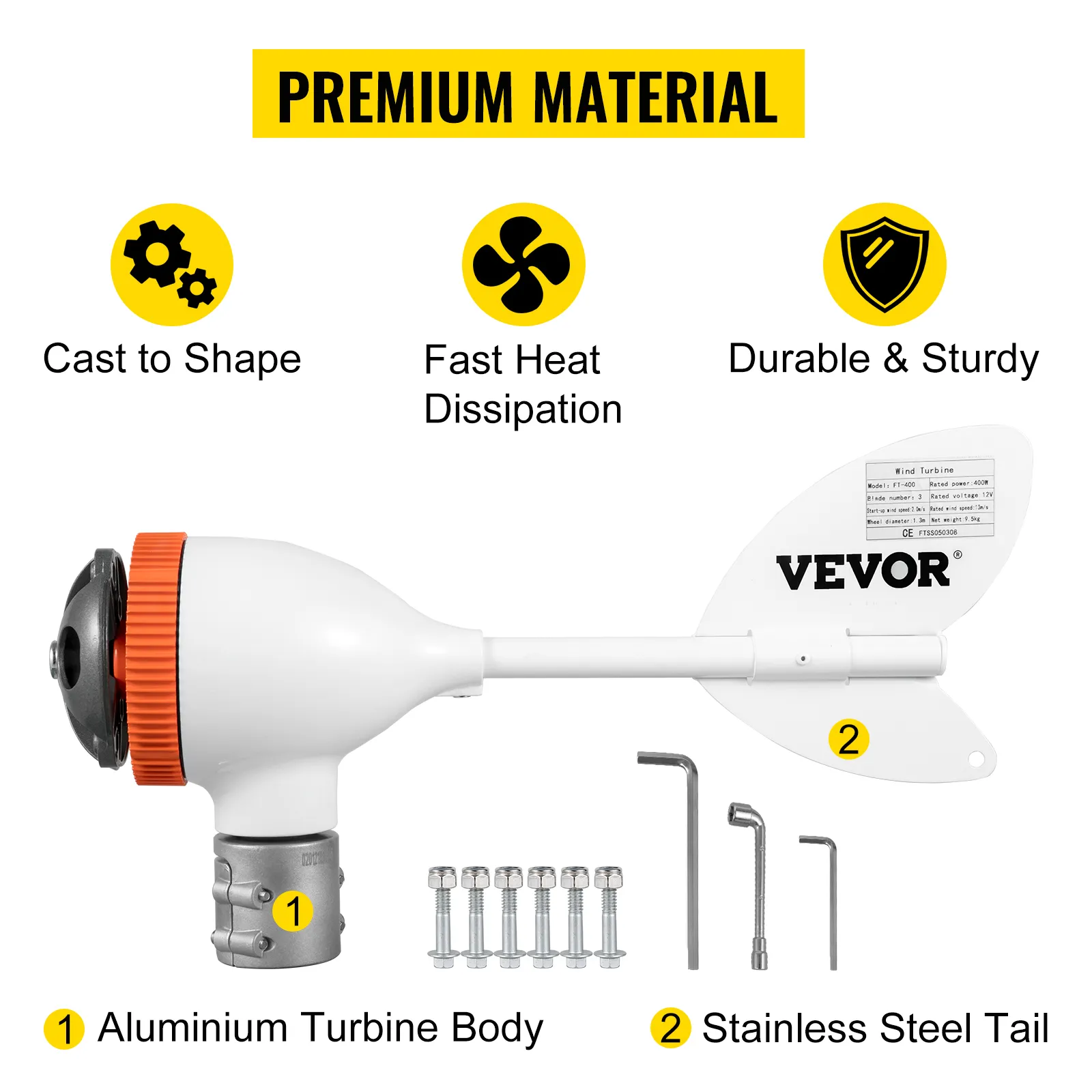 Piezas de generador de turbina eólica VEVOR, cuerpo de aluminio, cola de acero inoxidable, rápida disipación de calor.