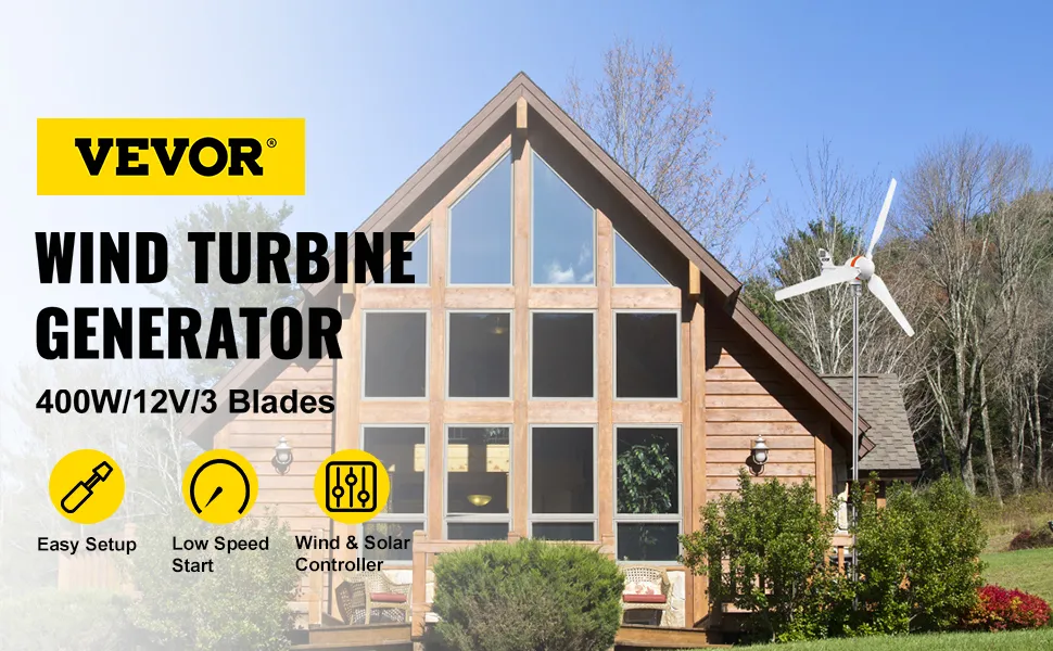VEVOR wind turbine generator beside a wooden house with features highlighted.