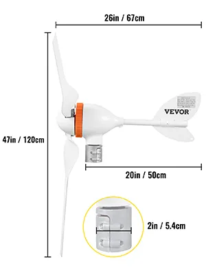 VEVOR wind turbine generator with dimensions labeled for blades and body.