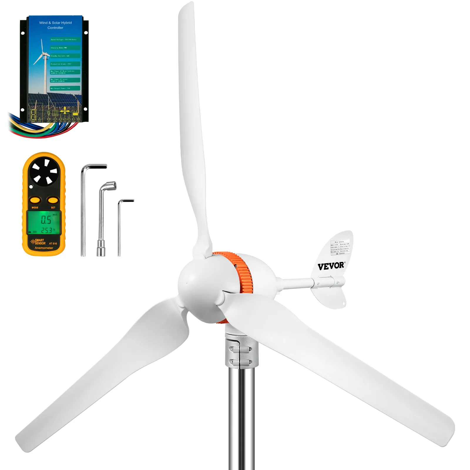 VEVOR wind turbine generator with controller, tools, and anemometer.