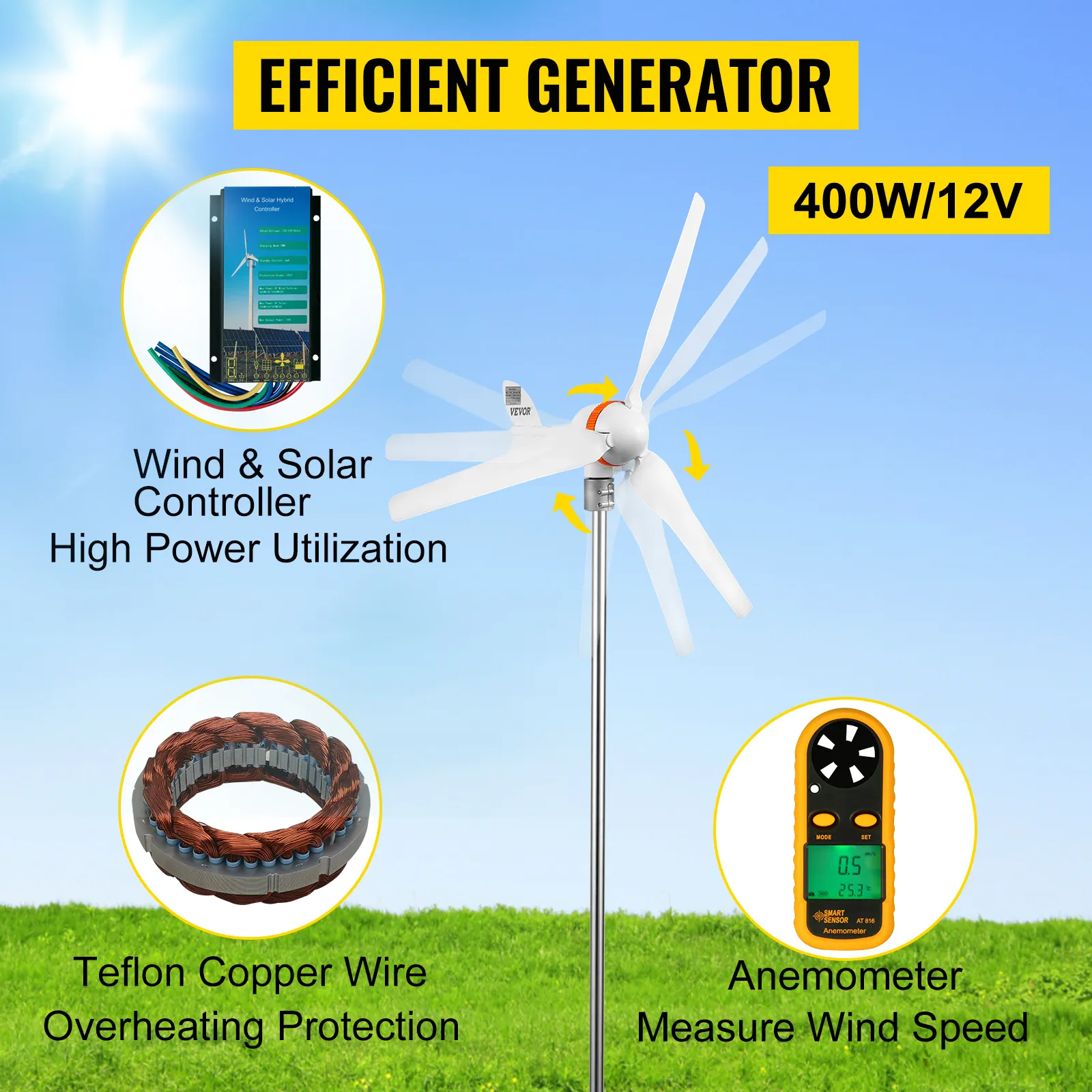 VEVOR wind turbine generator 400w/12v with controller, teflon copper wire, anemometer