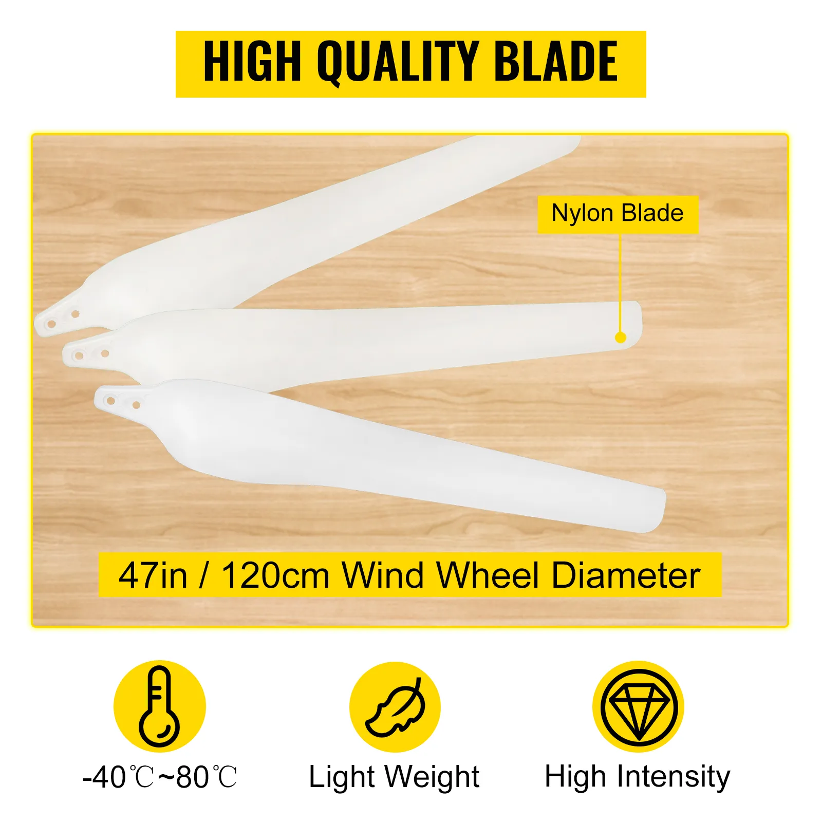 three nylon blades for VEVOR wind turbine generator, 47in diameter, lightweight, high intensity.
