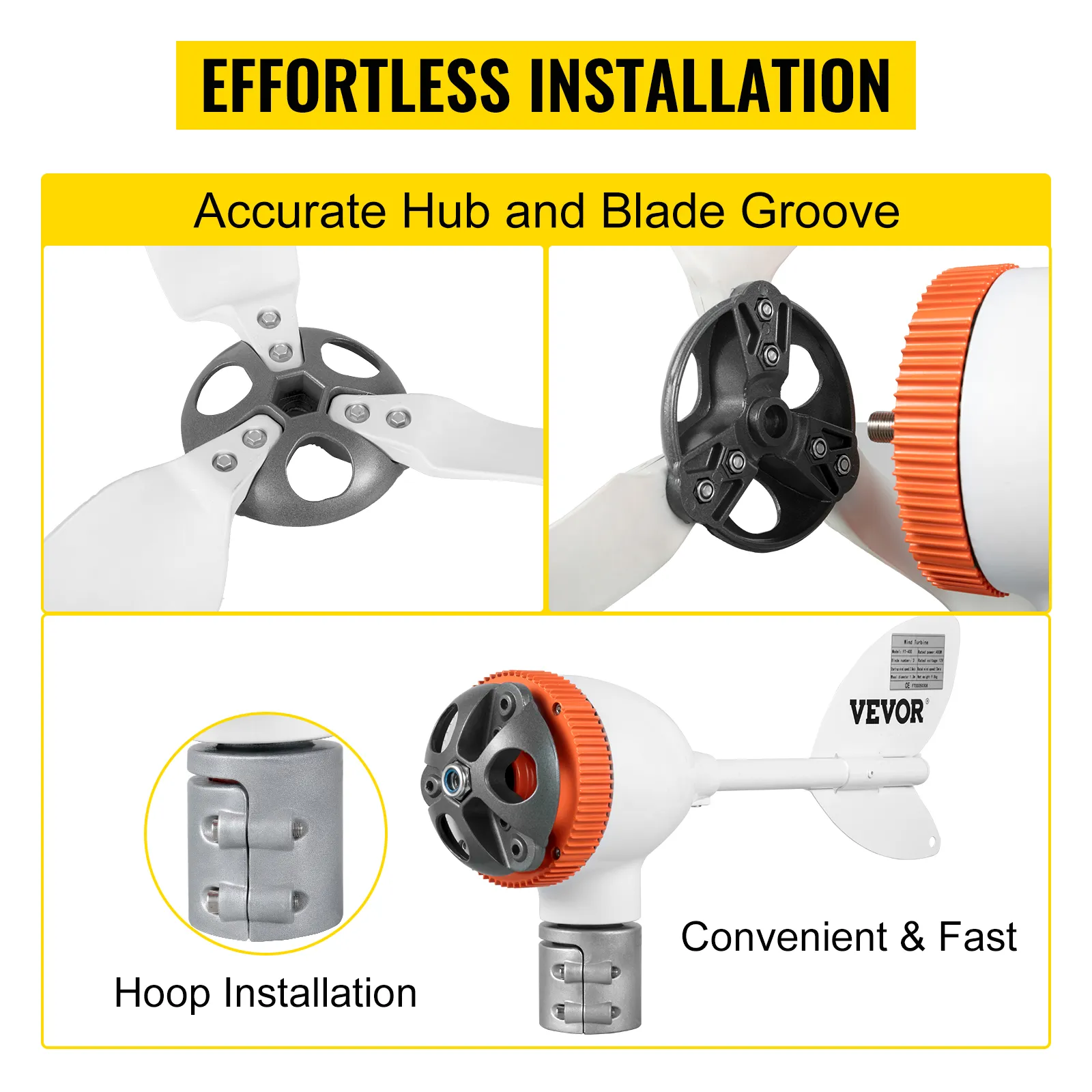 VEVOR wind turbine generator with effortless installation and accurate hub and blade groove.