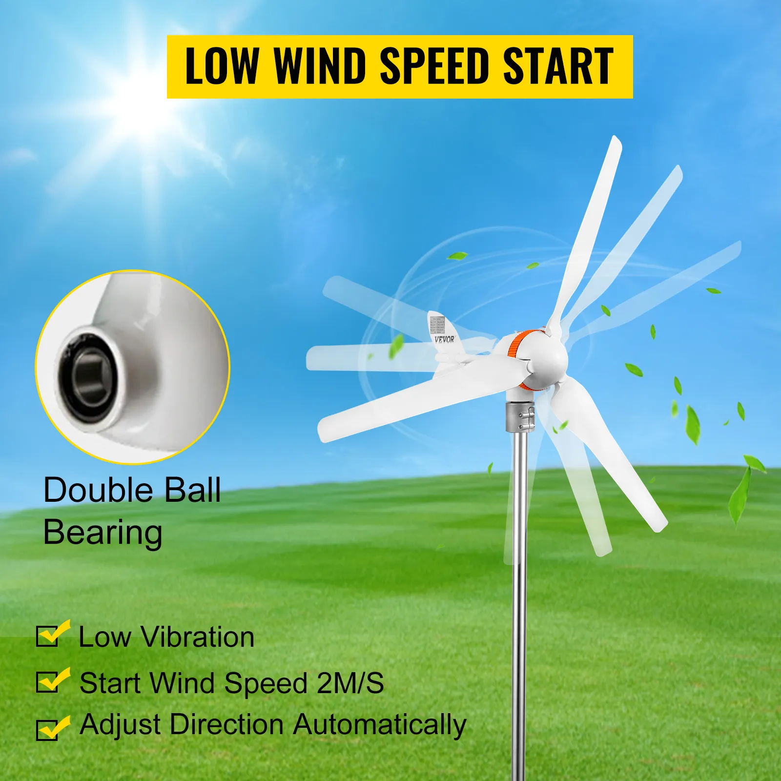 VEVOR wind turbine generator with double ball bearing, low wind speed start.