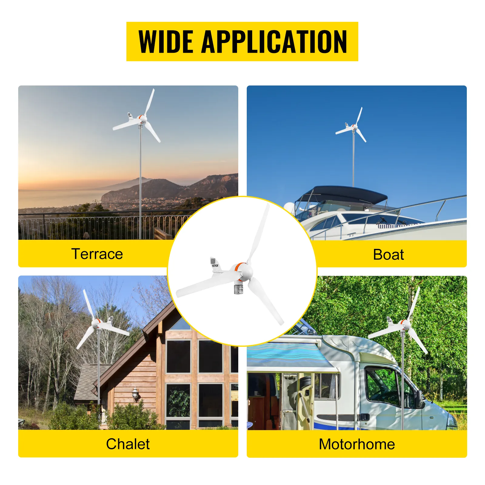 VEVOR wind turbine generator used on terraces, boats, chalets, and motorhomes.