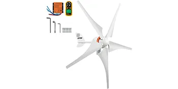 Turbina wiatrowa VEVOR z pięcioma łopatami, zestawem narzędzi i sprzętem montażowym.
