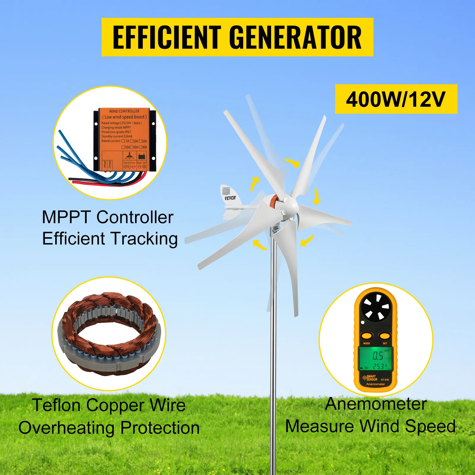 Turbina wiatrowa VEVOR z regulatorem MPPT, anemometrem i zabezpieczeniem przewodu miedzianego.