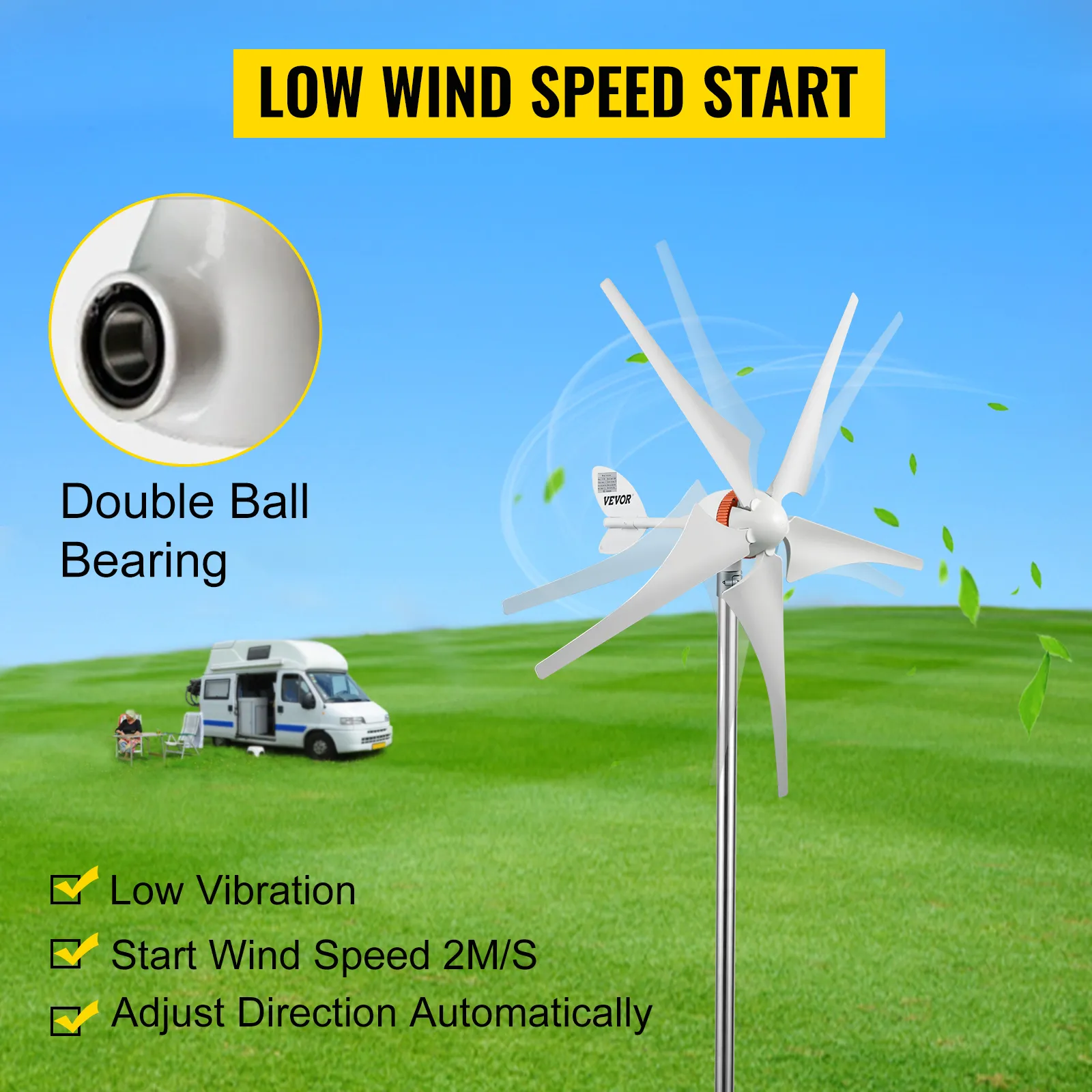 Turbina wiatrowa VEVOR z podwójnym łożyskiem kulkowym na trawiastym polu.