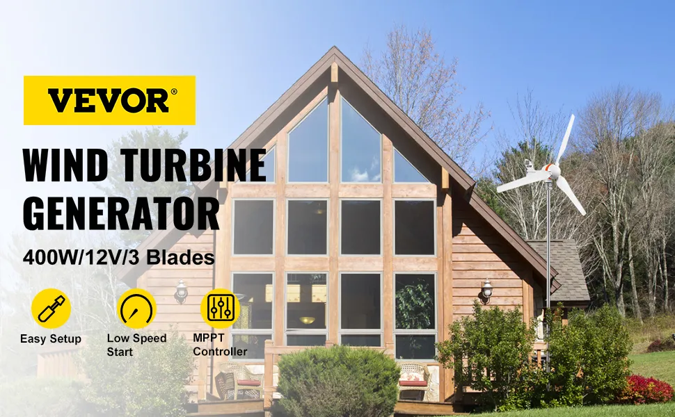 VEVOR wind turbine generator beside a modern wooden house, ideal for energy efficiency.