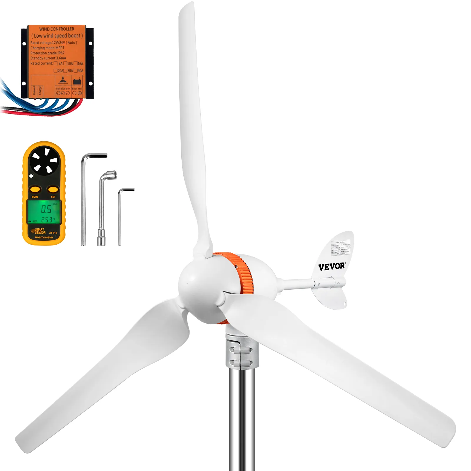 VEVOR wind turbine generator with anemometer, wind controller, and tools.