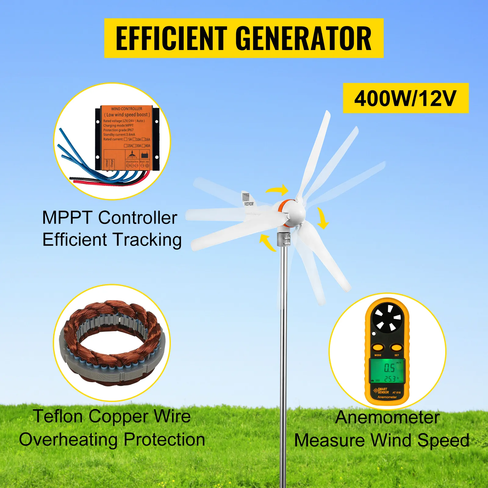 VEVOR wind turbine generator 400w/12v with mppt controller and anemometer.