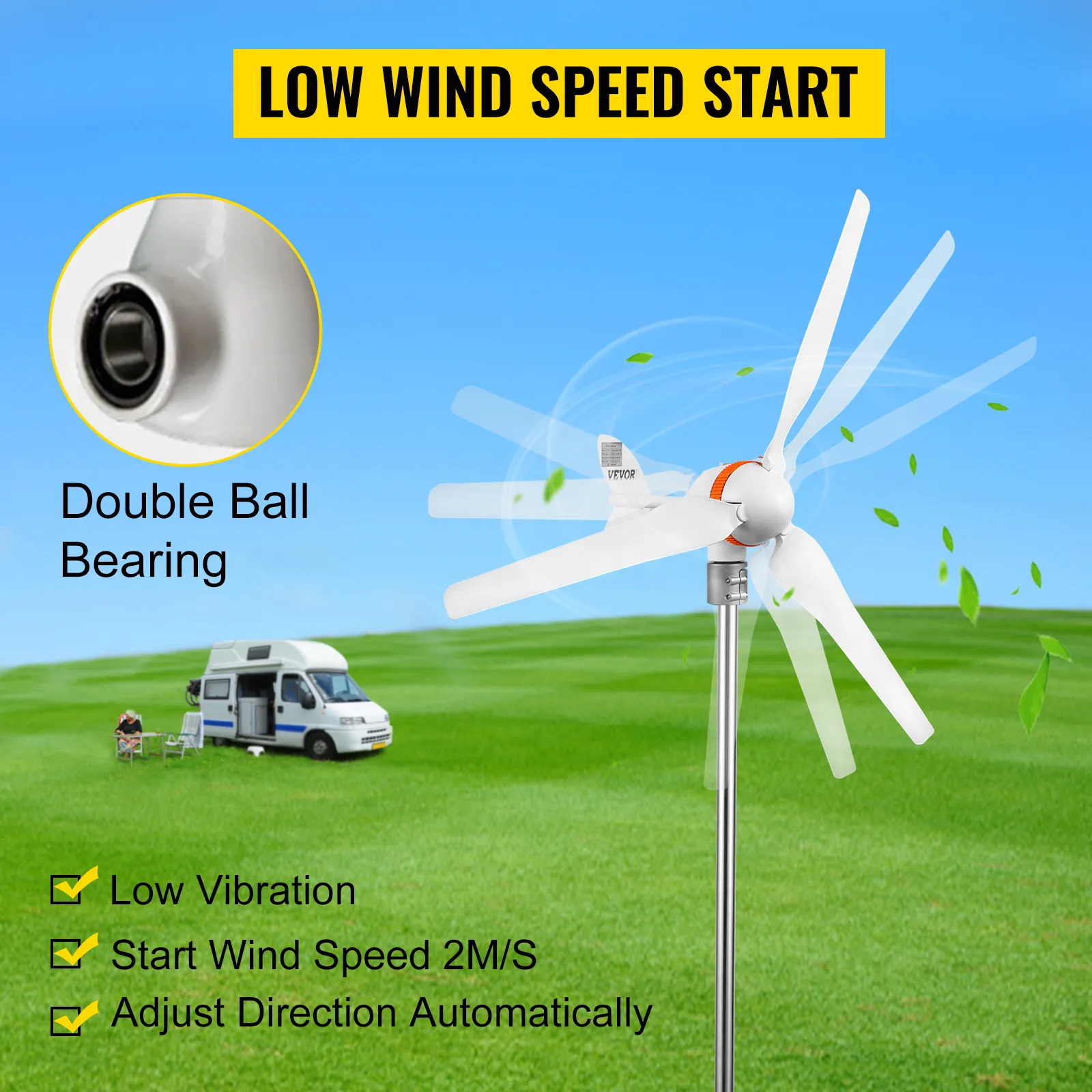 VEVOR wind turbine generator with double ball bearing, low wind speed start.