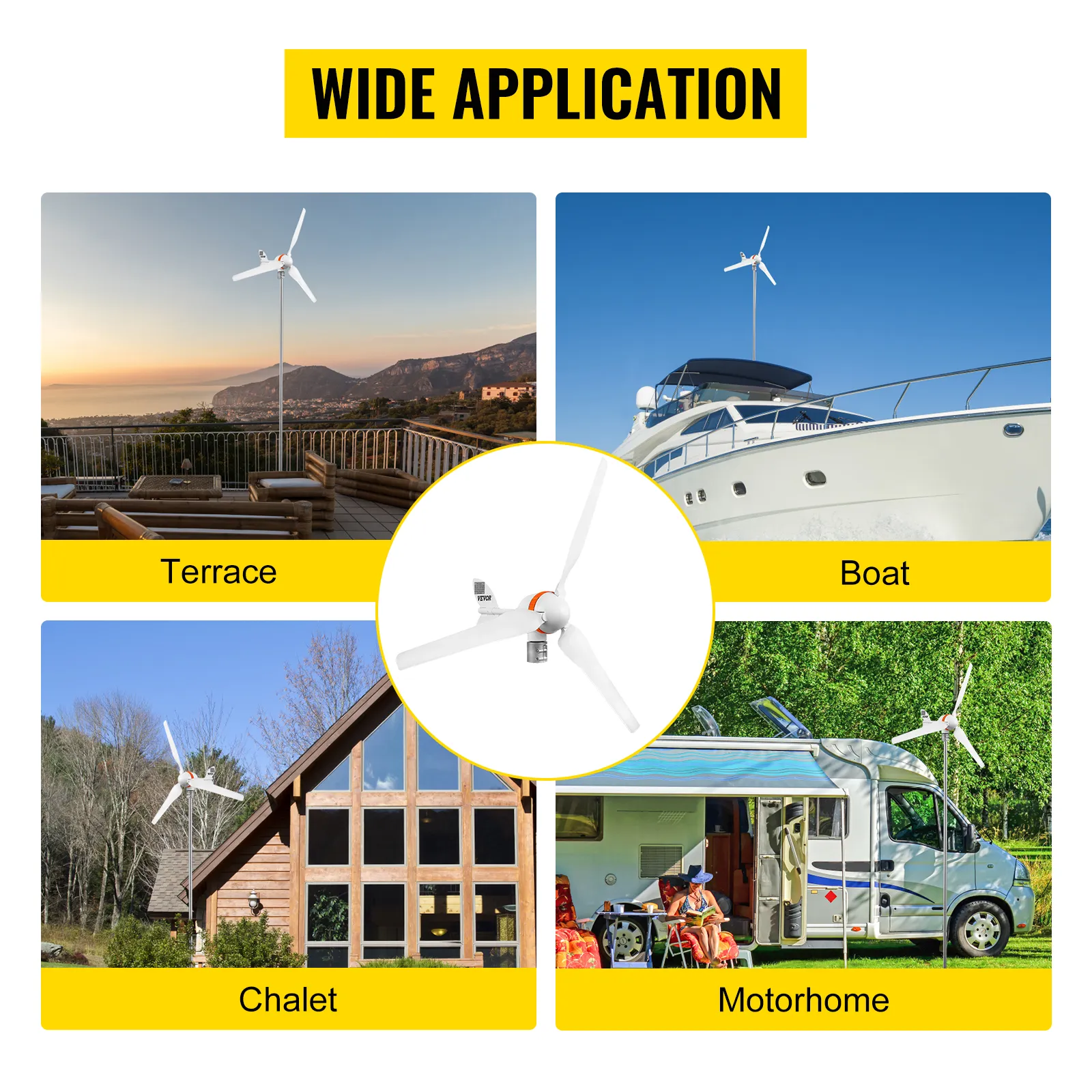 VEVOR wind turbine generator shown on terrace, boat, chalet, and motorhome.
