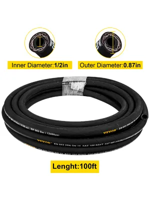 VEVOR hydraulic hose, 100ft length, 1/2in inner diameter, 0.87in outer diameter.